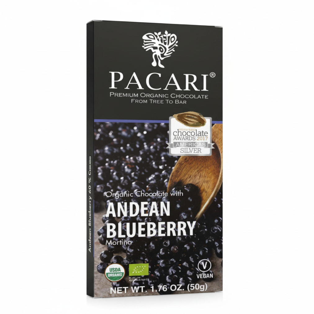 Paccari Blueberry Organic Chocolate Bar, Front