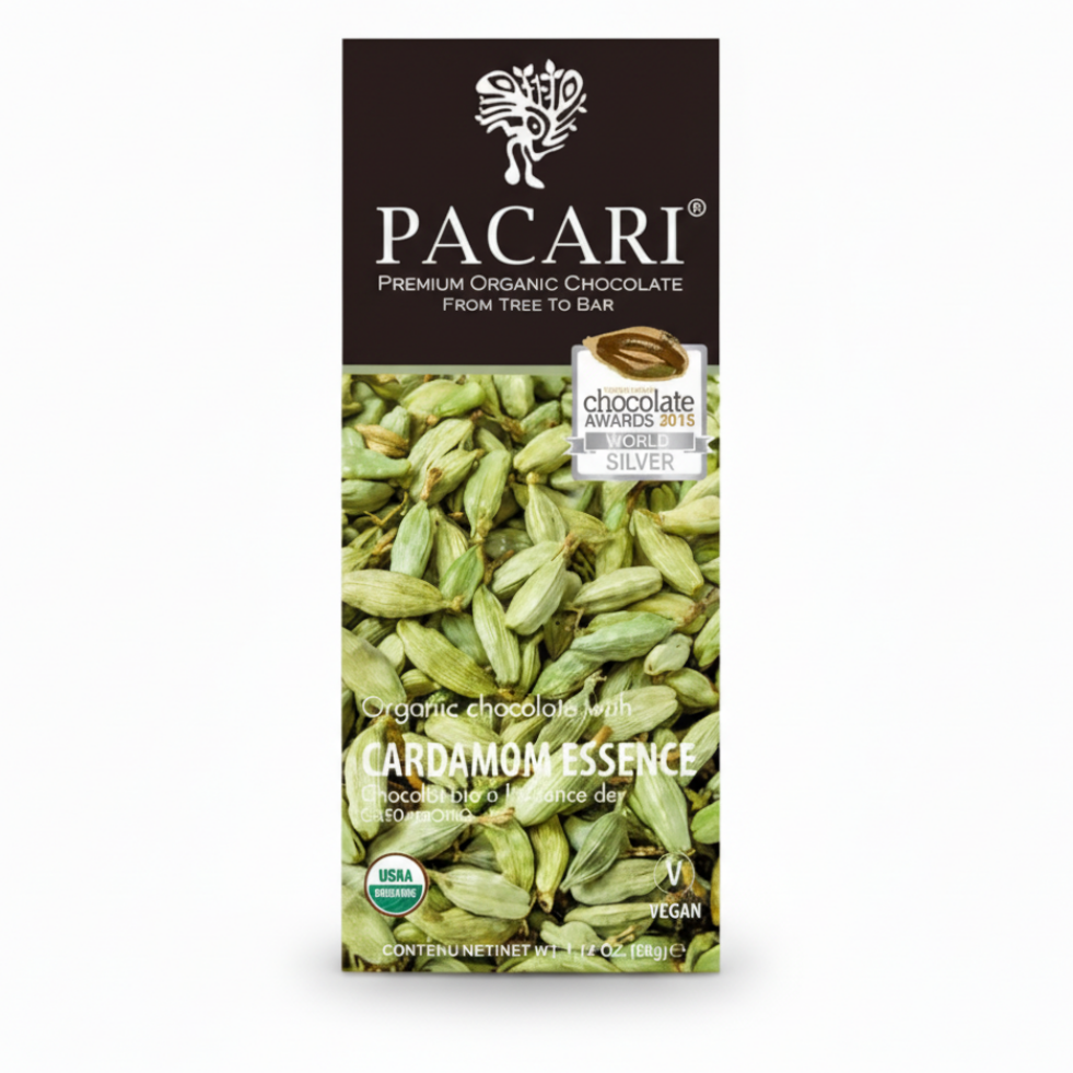 Paccari Cardamom Organic Chocolate Bar, Front
