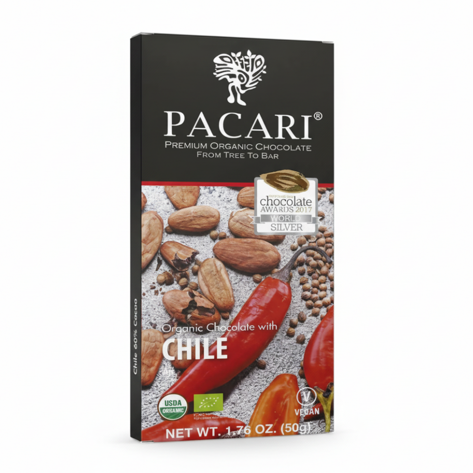 Paccari Chili Pepper Organic Chocolate Bar, Front