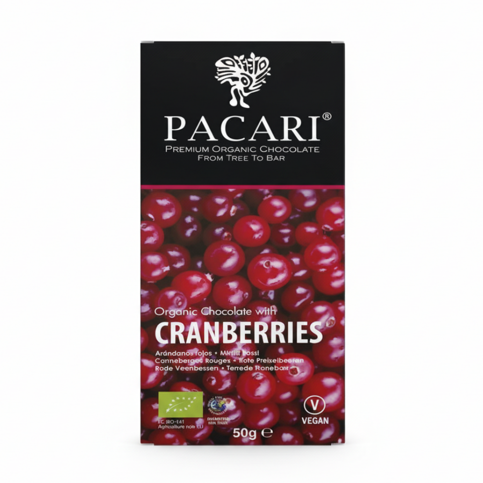 Paccari Cranberry Organic Chocolate Bar, Front