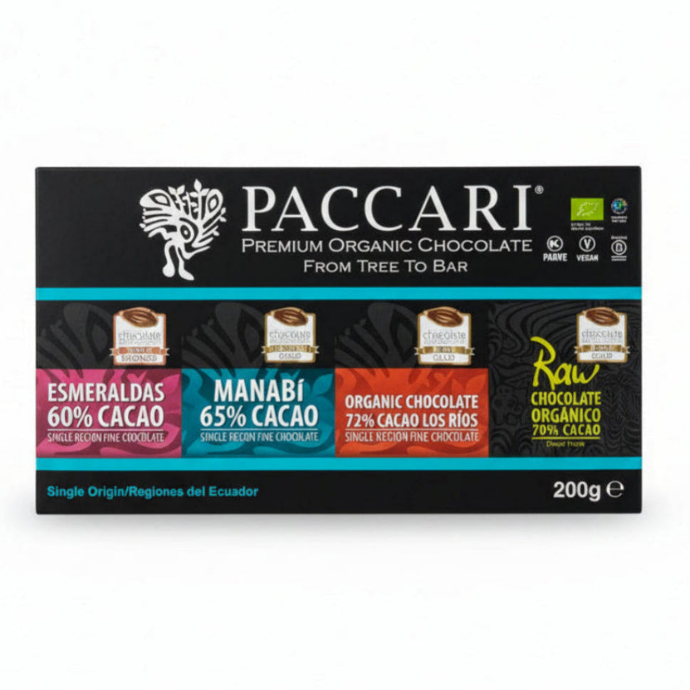 Paccari Single Origin Organic Chocolate Bars Gift Box, Front