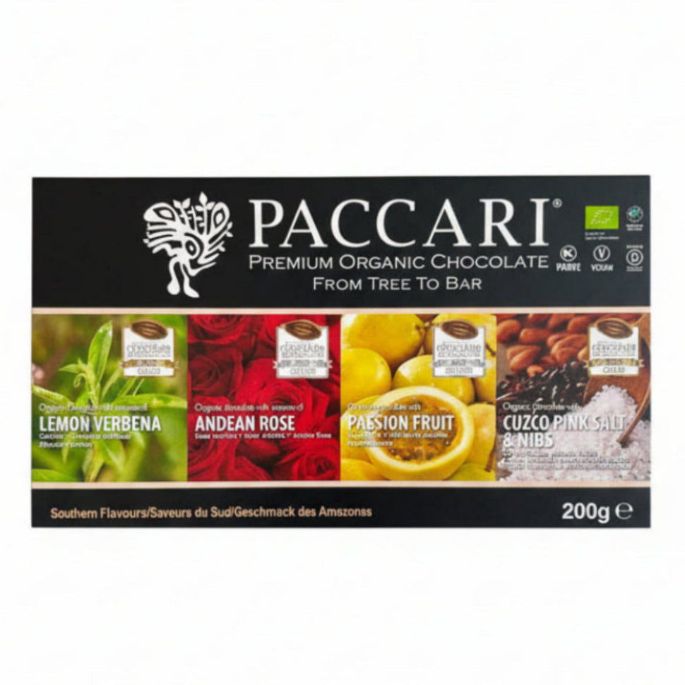 Paccari Southern Flavors Organic Chocolate Bars Gift Box, Front