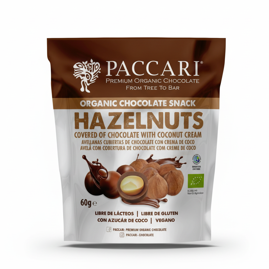 Paccari Organic Chocolate Covered Hazelnuts with Coconut Cream, Front