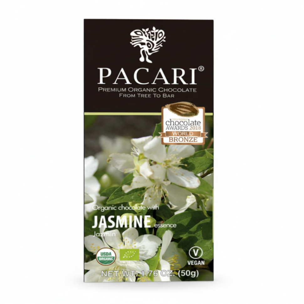 Paccari Jasmine Organic Chocolate Bar, Front