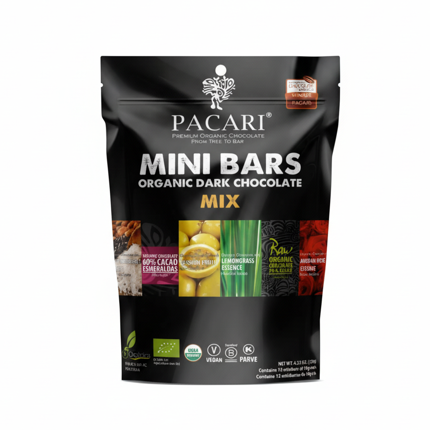 Paccari Organic Chocolate Mini Bars Mix, Front
