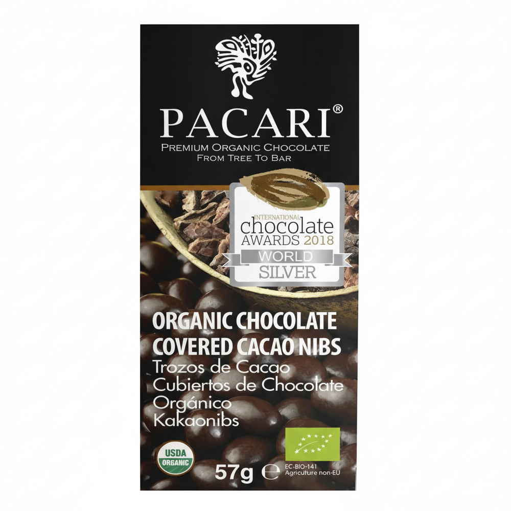 Paccari Organic Chocolate Covered Cacao Nibs, Front