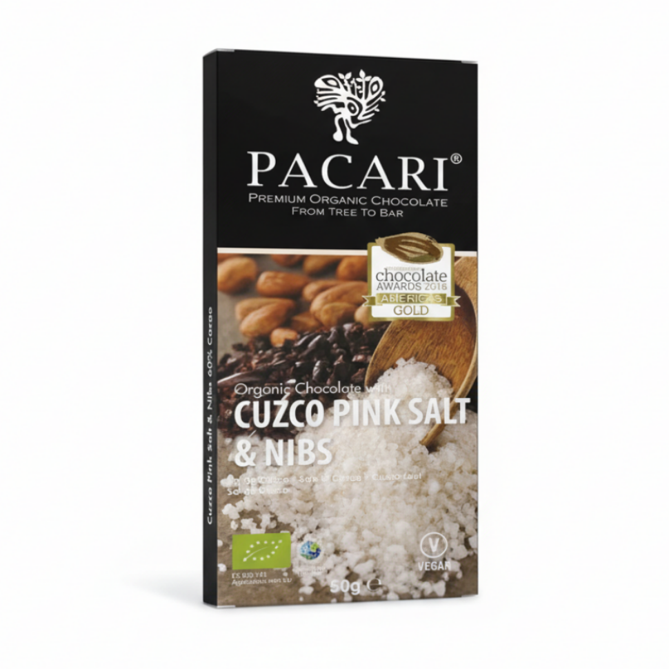 Paccari Salt & Nibs Organic Chocolate Bar, Front