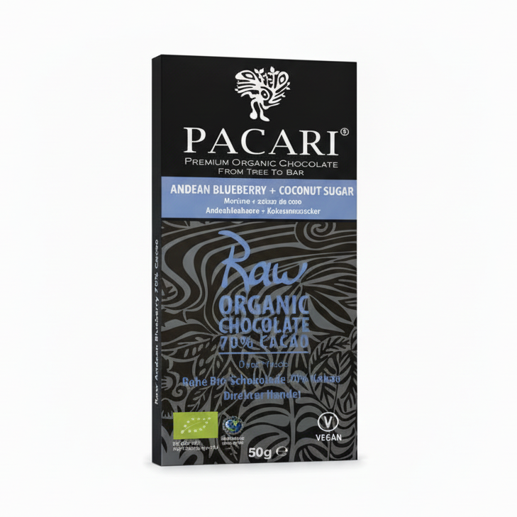 Pacari Blueberry Organic 70% Raw Chocolate Bar, Front