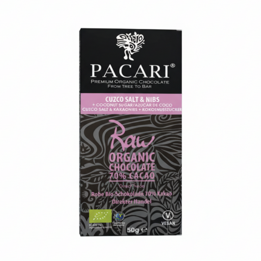 Pacari Salt & Nibs Organic 70% Raw Chocolate Bar, Front
