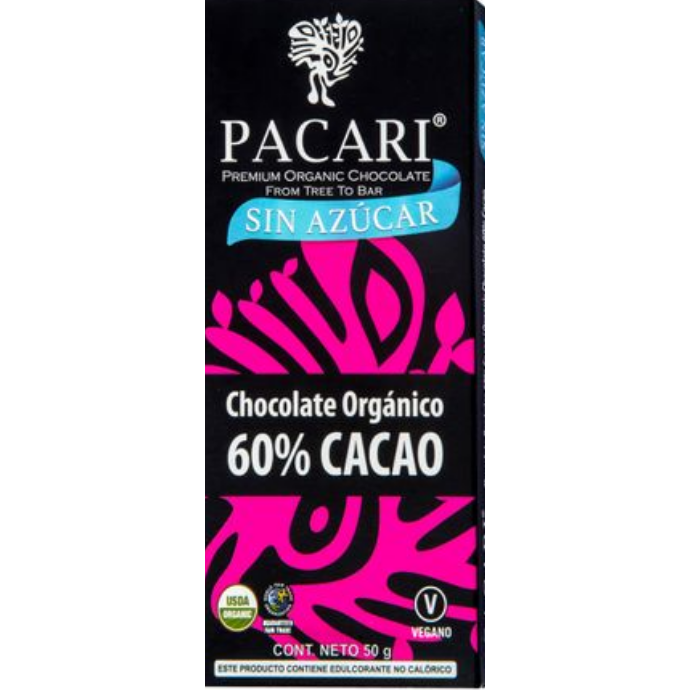 Pacari Sugar Free Organic Chocolate Bar, Front