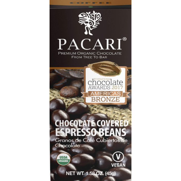 Pacari Organic Chocolate Covered Espresso Beans, Front