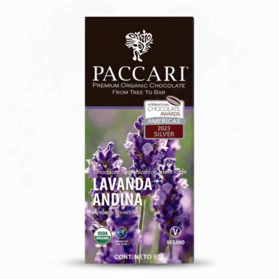 Paccari Lavender Organic Chocolate Bar, Front