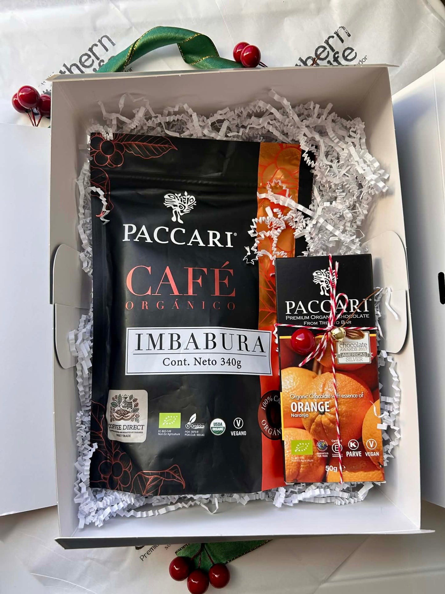 Pacari Organic Coffee and Organic Chocolate Christmas Organic Gift Box, Open