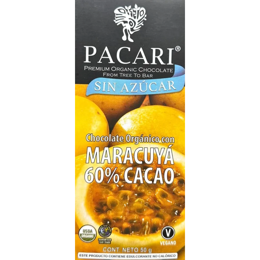 Pacari Passion Fruit Sugar Free Organic Chocolate Bar, Front