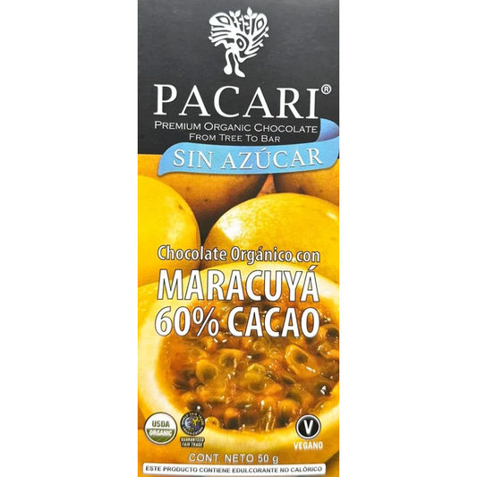 Pacari Passion Fruit Sugar Free Organic Chocolate Bar, Front