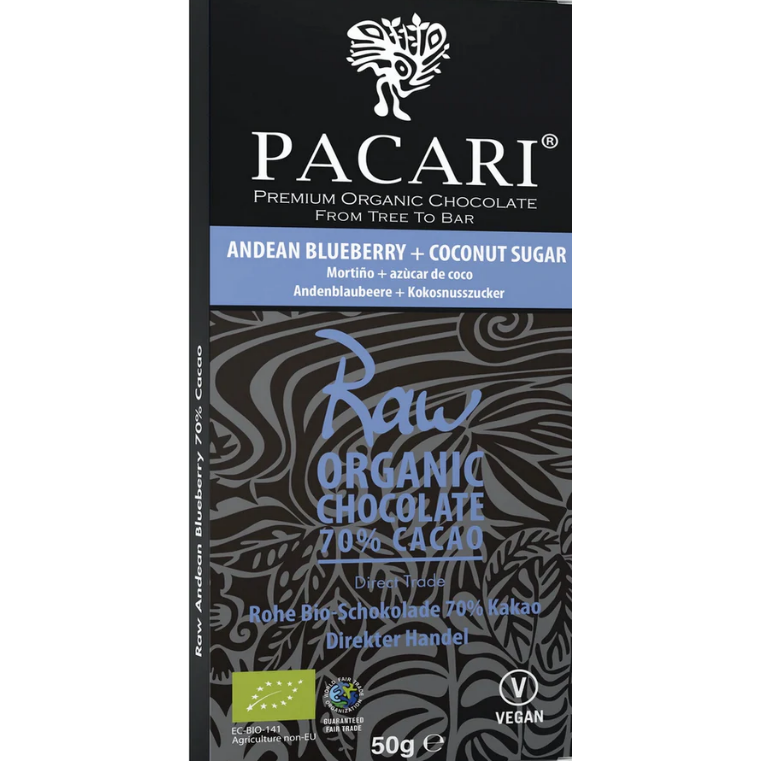 Pacari Blueberry Organic 70% Raw Chocolate Bar, Front