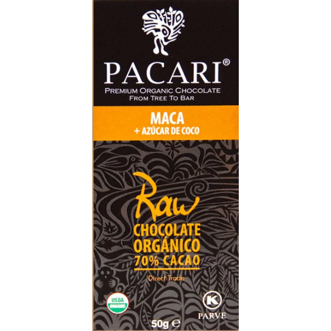 Pacari Maca Organic 70% Raw Chocolate Bar, Front