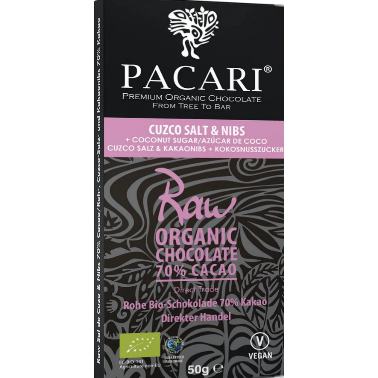 Pacari Salt & Nibs Organic 70% Raw Chocolate Bar, Front