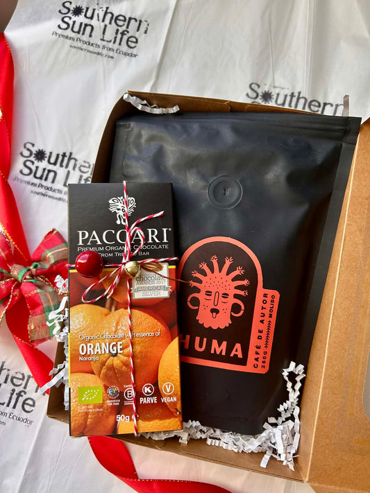 Huma Specialty Coffee and Pacari Organic Chocolate Christmas Special Gift Box, Open